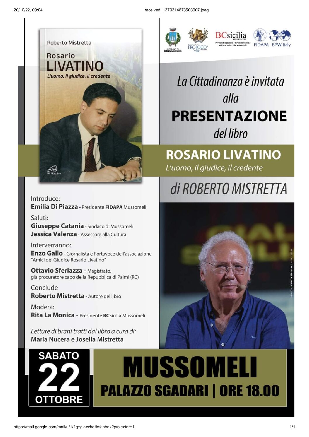 Sabato 22 ottobre a Mussomeli si presenta l’ultimo libro sul Giudice Livatino